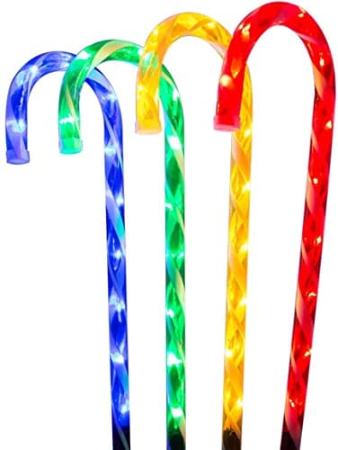 Image of The Christmas Workshop 78610 Multi-Coloured Outdoor Christmas Candy Cane Decorations | 64cm Tall Stake 4 Pack | 40 LED Light Bulbs