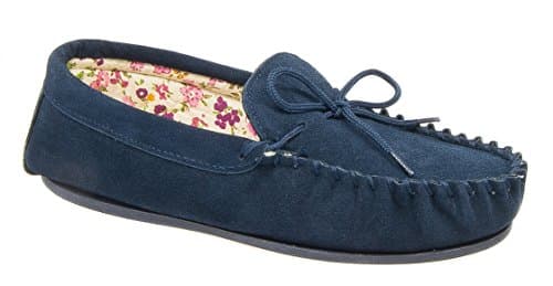 Image of Mokkers Ladies Navy Blue Leather Suede Moccasin Slippers (6)