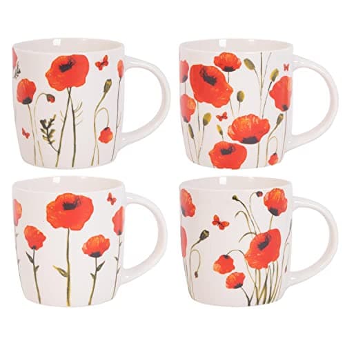 Image of YöL Set Of 4 Poppy Floral Design Mugs New Bone China Coffee Tea Cups 350ml Home Kitchen Mug Set