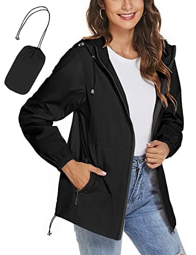 Image of iWoo Waterproof Jackets Women Raincoat Lightweight Jackets Summer Hooded Rain Jackets for Ladies,Black M