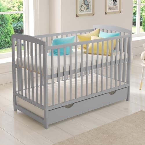 Image of Love For Sleep JACOB Baby Cot Bed 120x60cm with Quilted Microfiber Foam Mattress – Convertible Wooden Toddler Bed with Large Drawer with Anti-Dust Cover, Guard Rail and Teething Rails (Grey)