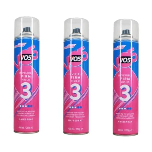 Image of VO5 Invisible Firm Hold Hairspray, Hold Level 3, Root-to-Tip Volume, Coconut Fragrance, 400ml, Pack of 3
