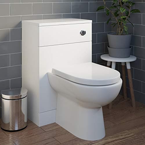 Image of Affine® Modern Bathroom Cloakroom Back to Wall BTW Toilet WC 500mm Furniture Unit D Shape Pan Soft Close Seat, Dual Flush Cistern, White Gloss