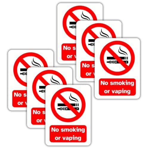 Image of No Smoking or Vaping Vinyl Signs, 75mm x 100mm, Self-Adhesive Stickers, Waterproof, Indoor/Outdoor Use, Safety Warning Sign, C&J Goods (No smoking and vaping, 6 Pack)