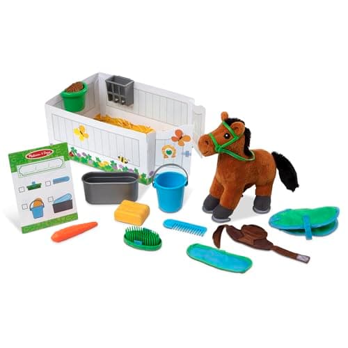 Image of Melissa & Doug Feed & Groom Horse Toy − Animal Care Role Play Set for Children | With Stable & Plush Pony | Age 3+