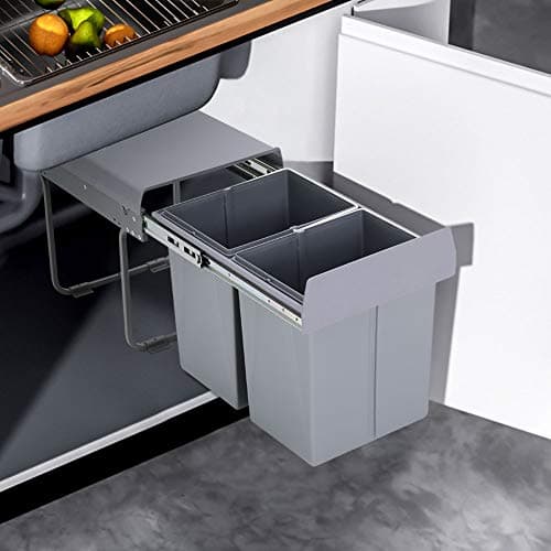 Image of Warmiehomy Pull Out Kitchen Bin 40L Recycling Bins for Kitchen Built-In Double Compartments with Handle 2x20L Removable Bins with Fixing Waste Brackets