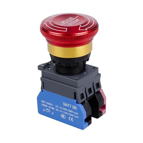 Image of Emergency Stop Button 32 Amp 22mm Latching Push Button Switch, Aluminum Alloy Round IP65 Waterproof Self-Locking E-Stop Shut Off Switch, 1NO 1NC 440V (32A)