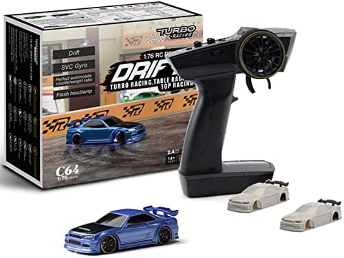 Image of FLYCOLOR Turbo Racing 1:76 Scale Drift RC Car with Gyro Mini Full Proportional RTR 2.4GHZ Remote Control with 2 Replaceable Body Shell (C64-Blue)