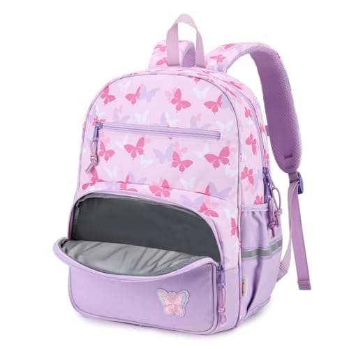 Image of Kasgo Kids Backpack for Girls, 15 Inch School Bag with Insulated Pocket, Reflective Strip & Chest Strap, Lightweight Rucksack for Y1 Primary Travel, Fits A4 Folder, Ages 5-8, 13L Purple Butterfly