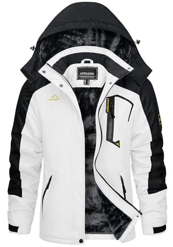 Image of KEFITEVD Women's Outdoor Winter Jacket Fleece Warm Skiing Coat Waterproof Hooded Jackets with Pockets,White Black,XS