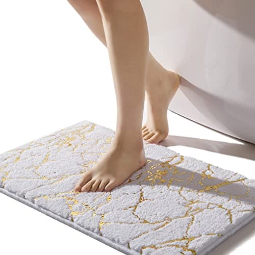 Image of QJHOMO White Bath Mat 40 x 60 cm Bathroom Mat Non Slip Bath Mats Gold Stripes Marble Rug Absorbent Microfiber Bathroom Rug Machine Washable Floor Carpet for Shower, Living Room, Bedroom