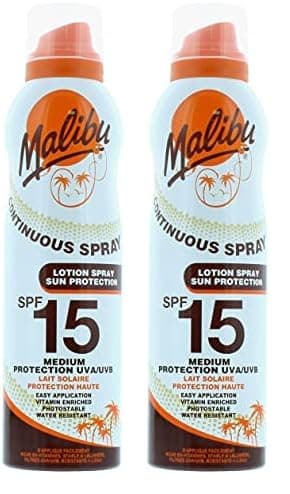 Image of Malibu Sun SPF 15 Continuous Lotion Spray Sunscreen, Vitamin Enriched, Water Resistant, 175ml (Pack of 2)
