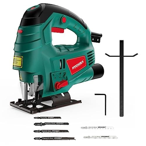 Image of HYCHIKA Jigsaw, 800W Max Cutting Depth 110mm for Wood, 800-3000SPM Electric Jigsaw with Laser, 7 Variable Speeds, 0-3 Orbital Sets, Bevel Cutting: -45 ° to 45, 6 Blades