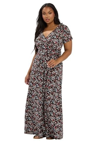 Image of Yours Curve Ditsy Floral Maxi Wrap Dress - Women's - Plus Size Curve Black