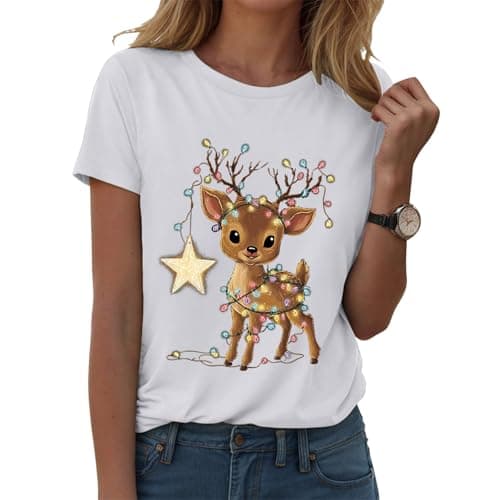 Image of Christmas T Shirts for Women UK Adults T Shirt Merry Christmas Short Sleeve Shirt Xmas Crew Neck Tops Funny Tshirt Short Sleeve Casual Tops for Ladies Pullover Tees (White, S)