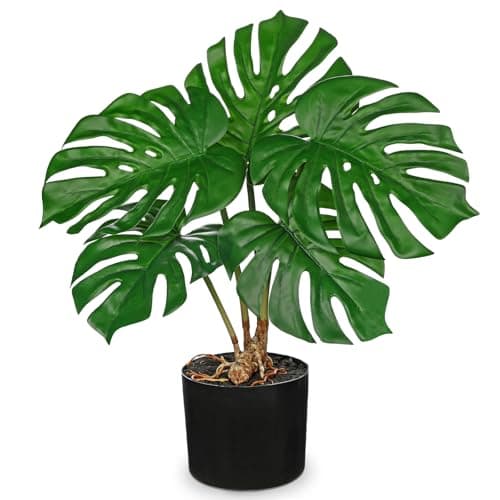Image of Arborus Large Artificial Monstera Plants Indoors 48cm Tall Faux Monstera Plant in Black Pot Fake Green Plant Potted Artificial House Plants for Bathroom Living Room Home Office Table Decoration