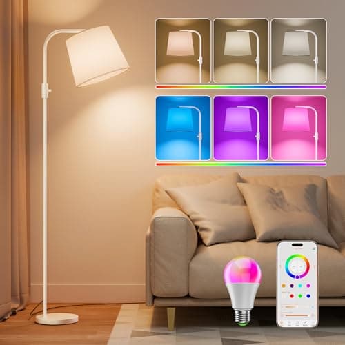 Image of DUSKTEC Smart Floor Lamp RGB Alexa 10W 1200LM for Living Room, Arc Standing Lamp Coloured, Dimmable Standard Lamps, Mood Lighting for Bedroom APP Controlled, Reading Floor Light Bulb Included (White)