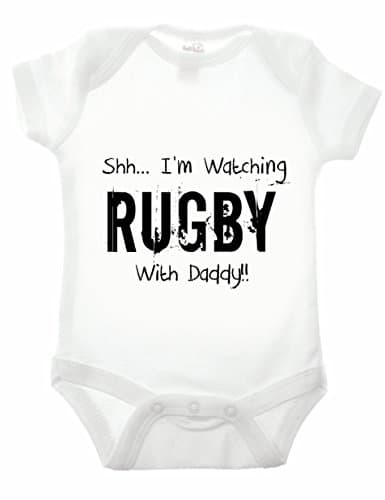 Image of Reality Glitch Shh.. I'm Watching Rugby with Daddy Babygrow Funny Newborn Gift (6-12 Months, White)