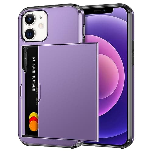 Image of Coolden for iPhone 12 Mini Case Wallet Cover Shockproof Heavy Duty Protective Hard Back Rubber Bumper Card Holder Slot Wallet Cases Cover for iPhone 12 Mini Phone Case (Grey Purple)