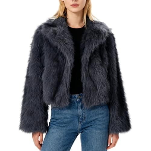 Image of Amazhiyu Womens Faux Fur Coat with Pockets, Winter Lapels Long Sleeve Jacket Open Front Outwear Plush Warm Cardigan Grey M