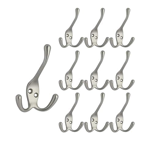Image of QCAA Premium Quality Coat Hat Hook with Three Prongs, 4", Zinc Die Cast, Satin Nickel, 10 Pack, Made in Taiwan