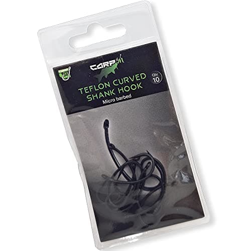 Image of Carp On - Pack of 10 Eyed Fishing Hooks Made From Teflon Coated Carbon Steel - CURVED SHANK Micro Barbed Classic Design – (10 x Size 4) [14-7104]