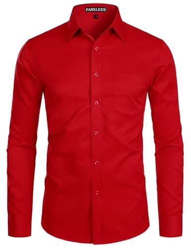 Image of PARKLEES Men's Long Sleeve Dress Shirt Solid Slim Fit Casual Business Formal Button Up Shirts with Pocket Red L