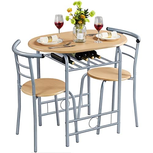 Image of Yaheetech 3 Piece Compact Dining Room Set, Dining Table & Chairs Set for 2, Breakfast Bar Table Set with Metal Legs and Built-in Wine Rack for Small Space/Apartments/Kitchen, Natural, 80x53x75.5cm