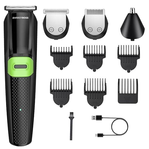 Image of BarberBoss All-in-One Men’s Grooming Kit – Beard Trimmer, Hair Clippers, Nose & Ear Groomer, Cordless Hair Trimmer, Face Grooming, USB Rechargeable, Waterproof