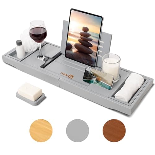 Image of Homiu Bamboo Bath Tray - Extendable Bath Caddy - Natural Wooden Bathtub Tray with Candle, Wine Glass, Book Rest, iPad & Phone Holder Stand - Luxury Bathtub Accessories - Bath Accessories (Grey)