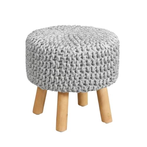 Image of Dazzle Collection Knitted Round Ottoman Footstool with Wooden Legs 100% Cotton Knitted Pouffe Foot Rest Stool, Padded Seat, Non-Slip Base for Living Room, Bedroom & Lounge Furniture (Silver)
