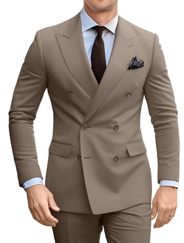 Image of Fesenbo Double Breasted Suit Men Slim Fit 2 Pieces Suit Blazer Pants Formal 2 Button Tuxedo Jacket for Wedding Business Prom, Tan, M