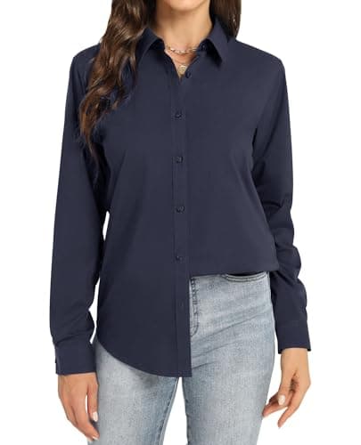 Image of J.VER Womens Blouse Button Down Shirt Long Sleeve Stretch Formal Fitted Business Casual Fashion Office Work Shirts for Ladies Navy L