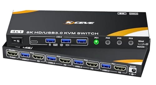 Image of YOUTINGHDAV HDMI KVM Switch 4 Computers 1 Monitor 8K@60Hz, 4K@144Hz, USB 3.0 KVM Switch 4 Ports for 4 Computer Share Mouse Keyboard, Wired Remote(8K HD 4 in 1 out KVM)