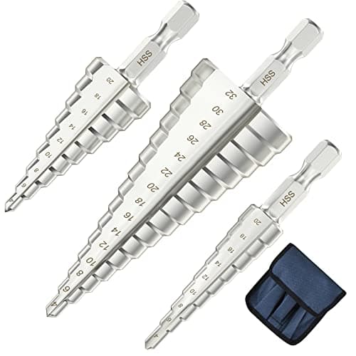 Image of flintronic Step Drill Bit, 3PCS 4mm to12 20 32mm (5/32" to 5/4") HSS Titanium Coated Double Slot Cone Cutting Drill for Plastic Wood Metal