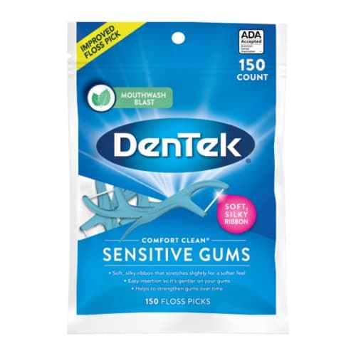 Image of Dentek Floss Picks Comfort Clean Sensitive Gums Floss Picks, Soft & Silky Ribbon, 150 ct (Pack of 1)