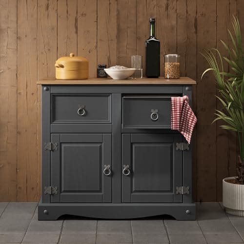 Image of Corona Charcoal 2 Door Sideboard 2 Drawers Solid Wood Mexican Pine Wooden Painted Dark Grey Small Dresser Display Cupboard Cabinet Hallway Kitchen Dining Living Room 76cm High 87cm Wide 40cm Deep