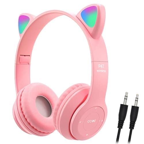 Image of arVin Wireless Kids Headphones, Bluetooth Kids Headset Over Ear with Microphone, Cat Ear LED Light Foldable Child Earphones for Girls Boys Gift Age 7+ (Pink)