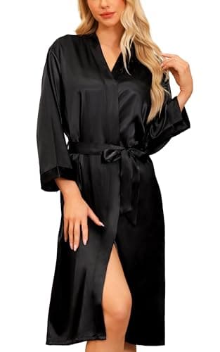 Image of Sopesil Women's Satin Dressing Gowns Long Ladies Kimono Morning Robes Bridal Soft Wedding Party Sleepwear V-Neck,Black, XXL