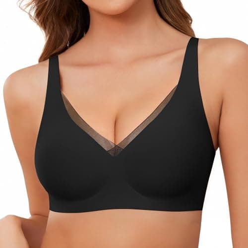 Image of UMIPUBO Wireless Bras for Women Jelly Bra Non Wired Sexy Mesh Seamless Support Comfit Womens Bra V Neck Everyday Sleep Ladies Padded Comfort Full Coverage Underwear Regular Bust Multiway (Black, XL)