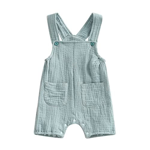 Image of Himllauen Baby Infant Boys Girls Summer Casual Romper Solid Color Sleeveless Cotton Overalls with Pockets Baby Boy Girl Cute Suspender Jumpsuit (Blue Green, 6-12 Months)