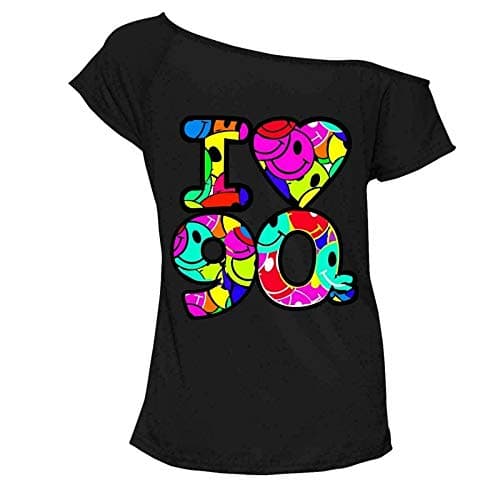 Image of Pretty Attitude New Women's Ladies I Love The 90s T-Shirt Fancy Dress Costume Neon Festival Top (Black Love 90s, 12)