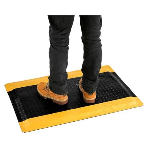 Image of The Workplace Depot Anti Fatigue Matting – Chequered Floor Mat, PVC Foam with Yellow Safety Border – Industrial Workstation & Warehouse Comfort