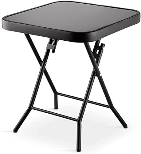 Image of Crystals Outdoor Dining Table, Metal Bistro Patio Garden Table, Glass Top Table for Indoor Outdoor Cafe Dining, Black (Square)