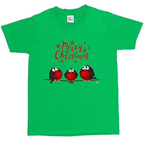 Image of 1Tee Girls Merry Christmas Red Robin Birds T-Shirt Green 3-4 Years