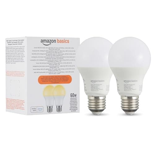 Image of Amazon Basics Smart Dimmable LED Light Bulb, E27 Base, Soft White, 8W (60W Equivalent), Works with Alexa Only, 2 Pack