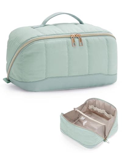 Image of Travel Makeup Bag Large Quilted Cosmetic Organizer with Brush Compartments & Handle, Wide-Open Toiletry Bag for Women, Green (Patent Pending)