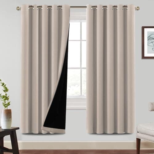 Image of BellaHills 100% Blackout Curtains for Bedroom Thermal Insulated Blackout Curtain Heat and Full Light Blocking Eyelet Curtains for Living Room with Black Liner 2 Panels, 66 x 72 Inch, Natural Sand
