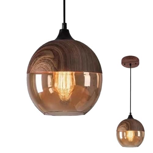 Image of NHPJFDC Modern Pendant Light,Retro Industry Glass Pendant Light,Metal Wood Grain Finish Pendant Lighting,Kitchen Island Pendant Lighting, Amber Glass Shade Ceiling Light Fixture,Brown,20.2cm/7.9in