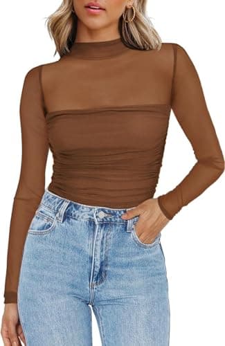 Image of Zeagoo Women Sheer Mesh Long Sleeve Ruched Mock Neck Fitted Top See Through Going Out Party Blouse Layering Shirt Brown L